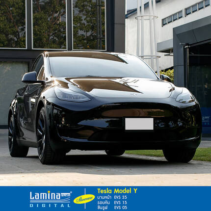 Tesla Model Y ครอสโอเวอร์ไฟฟ้าหรูสีดำสุดสมาร์ทคันนี้ เจาะจงติดฟิล์มดิจิทัลบูสต์ ด้วย Lamina Digital EVS ฟิล์มดิจิทัลประหยัดพลังงาน เพื่อรถอีวียุคใหม่ บานหน้า EVS 35 (40%) / รอบคัน EVS 15 (60%) / ซันรูฟ EVS 05 (80%) 
