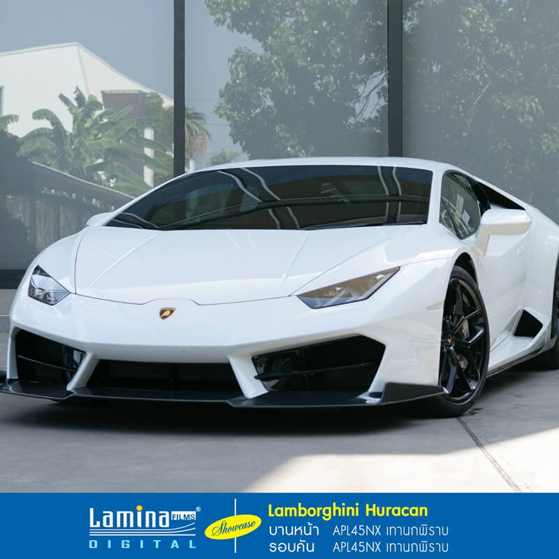 Lamborghini Huracan คันนี้ติดตั้งฟิล์มกันร้อน Lamina Executive Series ฟิล์มกันร้อนคุณภาพเพื่อรสนิยมระดับผู้นำ บานหน้า APL45NX (40%) / รอบคัน APL45NX (40%) ราคาติดตั้งมาตรฐาน (ไม่รวมซันรูฟ) 10,600 บาท*