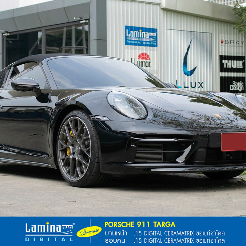 Porsche 911 Targa ซูเปอร์คาร์สุดหรูเจาะจงติดฟิล์มเซรามิคแท้ เสริมลุคเข้มๆ บานหน้า L15 Ceramatrix (60%) / รอบคัน L15 Ceramatrix (60%) 